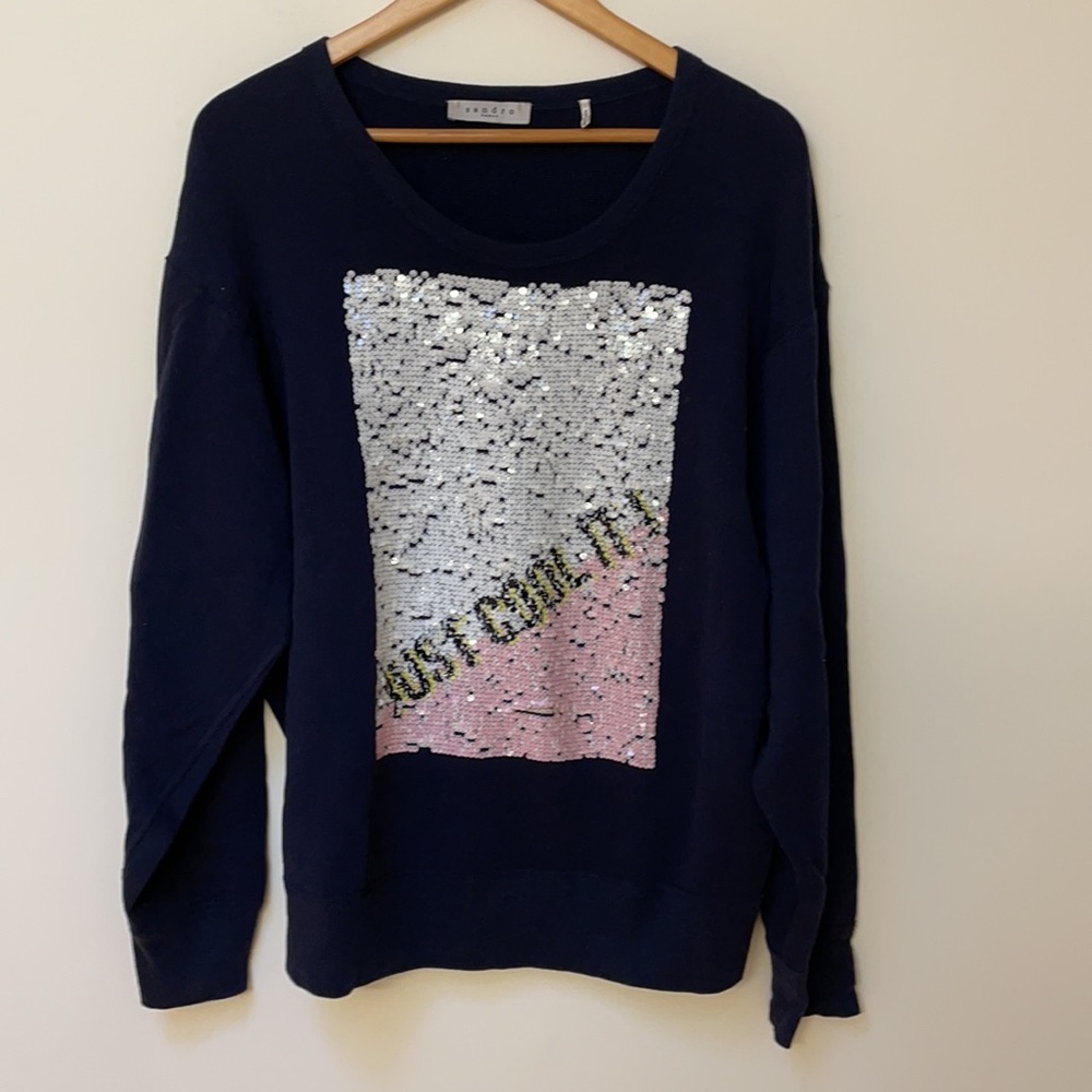 Sandro Paris Sweater Navy with Sequin Trim Size 1